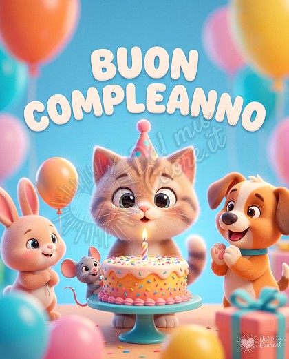 Festeggia l'amicizia con un adorabile gattino che soffia le candeline della torta, circondato dai suoi amici animali. Immagine tenera e colorata.
