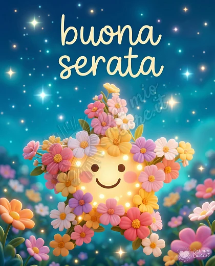 Buona Serata con fiori luminosi e cielo stellato incantato