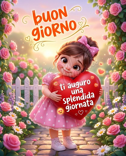 Una bimba stringe tra le mani un cuore speciale per dare il buongiorno alle persone che ama. Scarica gratis questa immagine per augurare una splendida giornata e un risveglio speciale ad amici e parenti.