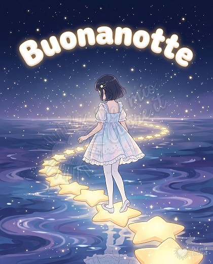 Una ragazza cammina su un sentiero di stelle scintillanti su un mare onirico. Un'immagine magica per augurare la buonanotte, perfetta da condividere con chi ami.