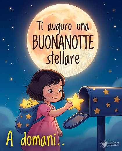 Bambina che imbuca una stella luminosa in una cassetta delle lettere rossa sotto la luna piena con la dedica Buonanotte stellare.