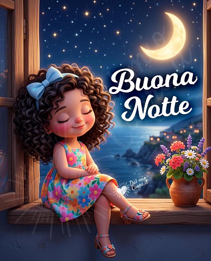 Bambina sorridente seduta sul davanzale della finestra che saluta la luna nel cielo notturno con la scritta Buonanotte estiva affettuosa.