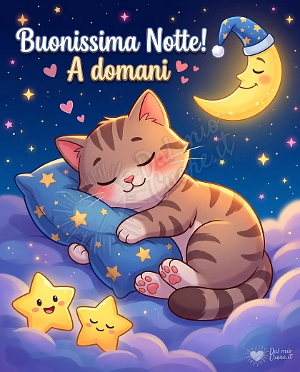 Buonissima notte a domani con gatto e stelle tenere