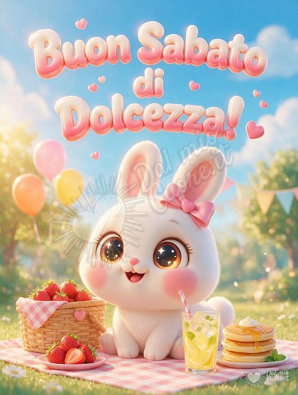 Tenero coniglietto 3D cartoon seduto su un prato durante un picnic estivo con cestino di fragole e pancake, accompagnato dalla scritta bombata Buon Sabato di Dolcezza.