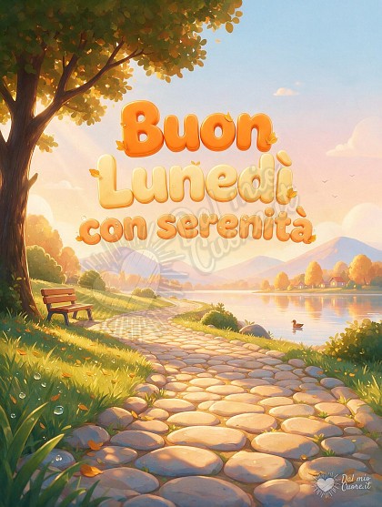 Paesaggio rilassante di inizio autunno con viale alberato dorato, lago limpido baciato dal sole mattutino e testo decorativo Buon Lunedì con serenità.