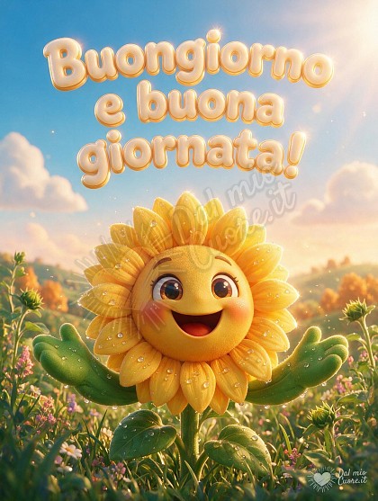 Splendido giardino con grandi girasoli dorati illuminati dal sole del mattino di settembre, gocce di rugiada trasparenti e la scritta Buongiorno e buona giornata