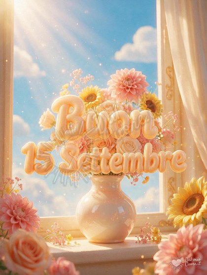 Vaso elegante con fiori settembrini variopinti e luminosi illuminati da una calda luce dorata, con la scritta Buon 15 Settembre in lettere bombate e morbide.