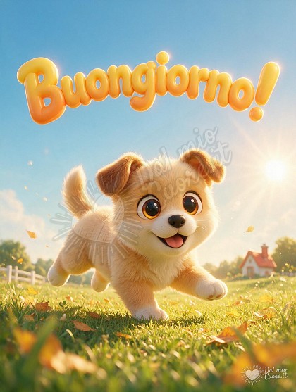 Un tenero cagnolino felice circondato da luce dorata e prime foglie d'autunno su un prato verde, con la scritta Buongiorno in grandi lettere morbide e colorate.