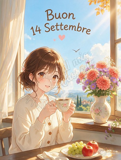 Ragazza in stile anime che sorride affacciata alla finestra inondata di sole dorato, con una tazza di caffè fumante e un vaso di dalie e astri settembrini, con testo Buon 14 Settembre.