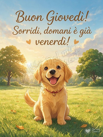 Illustrazione di un allegro cagnolino biondo seduto su un prato con le prime foglie dorate di settembre sotto un cielo poco nuvoloso con schiarite luminose, con la scritta Buon Giovedì! Sorridi, domani è già venerdì!