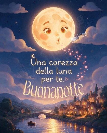 Una luna piena con un viso dolce e sorridente che soffia cuoricini rosa luminosi su un piccolo borgo con casette dai camini fumanti e un fiume calmo sotto un cielo notturno con nuvole soffici e stelle, con la scritta Una carezza della luna per te. Buonanotte.