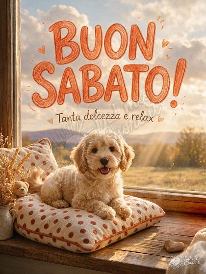 Un tenero cucciolo con occhi vispi seduto su un cuscino accanto a una finestra e la scritta Buon Sabato Tanta dolcezza e relax.