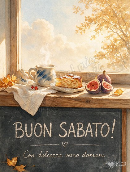 Illustrazione ad acquerello di una luminosa tavola della colazione di settembre con tazza fumante, fichi, torta di mele e la scritta in gesso Buon Sabato! Con dolcezza verso domani.