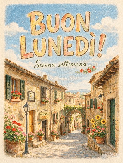 Scorcio mattutino di un antico borgo italiano con vicolo acciottolato, vasi di gerani rossi alle finestre in legno e muretti in pietra illuminati dal sole, con la scritta Buon Lunedì! Serena settimana.