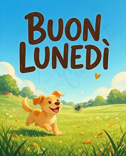 Buon Lunedì con un Cucciolo sul Prato e Luce Dorata