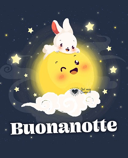 Un tenero coniglietto bianco che abbraccia una luna piena sorridente tra nuvole soffici e stelle con la scritta Buonanotte.