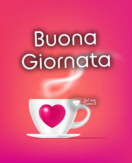 Elegante tazzina di caffè fumante con crema dorata e vassoio rustico con la scritta Buona Giornata con il cuore.