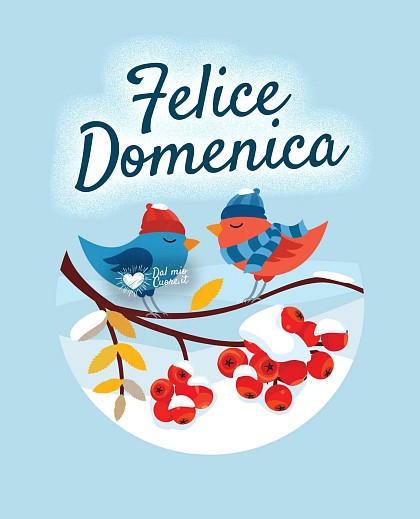 Felice domenica invernale con uccellini sotto la neve