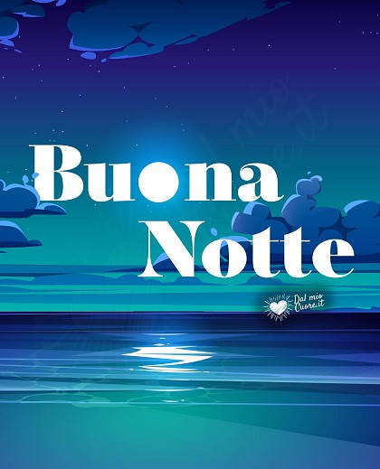 Paesaggio estivo sul mare di notte con luna piena e brezza marina. Testo Buona notte estate.