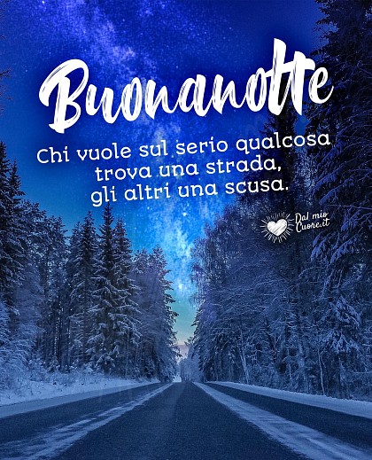 Buonanotte invernale con frase: Chi vuole sul serio qualcosa trova una strada, gli altri una scusa.