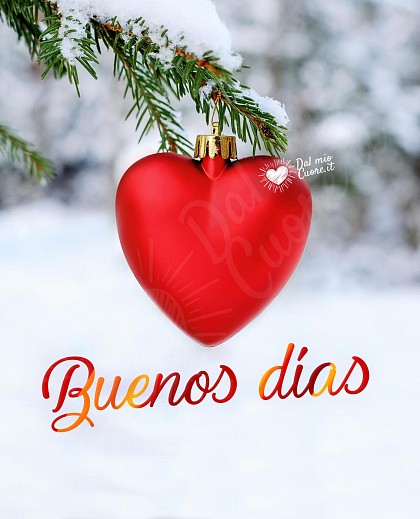 Buenos días con bola de Navidad en forma de corazón y nieve