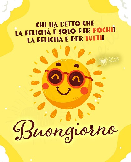Scena luminosa all'aperto con fiori campestri e la frase del buongiorno Chi ha detto che la felicità è solo per pochi? La felicità è per tutti!