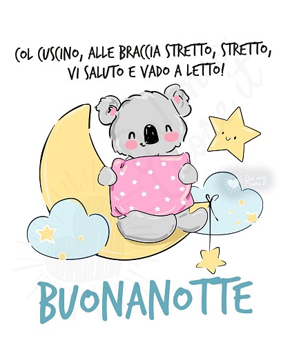 Col cuscino, alle braccia stretto, stretto, vi saluto e vado a letto!
