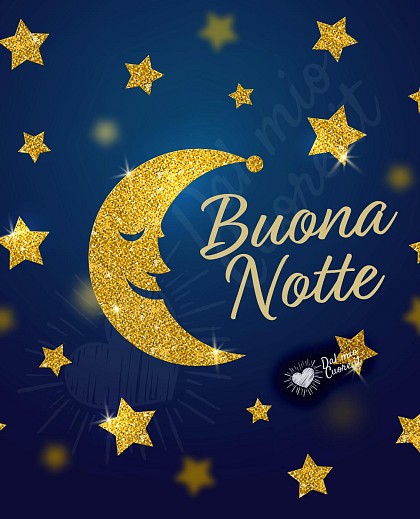 Luna splendente circondata da stelle luccicanti e glitter dorati nel cielo notturno con il testo Buona notte con luna e stelle.