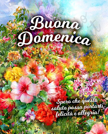 Buona domenica immagine con fiori e frase: Spero che questo saluto possa portarti felicità e allegria!