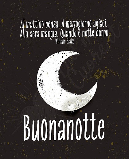 Buonanotte. Frasi: Al mattino pensa. A mezzogiorno agisci. Alla sera mangia. Quando è notte dormi.