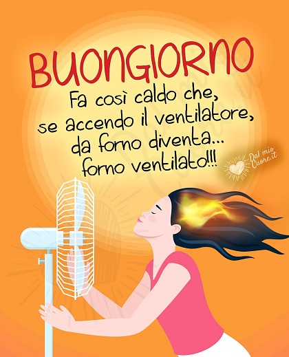 Simpatico sole infuocato con manopole da forno e la battuta ironica sul buongiorno estivo in forno ventilato.