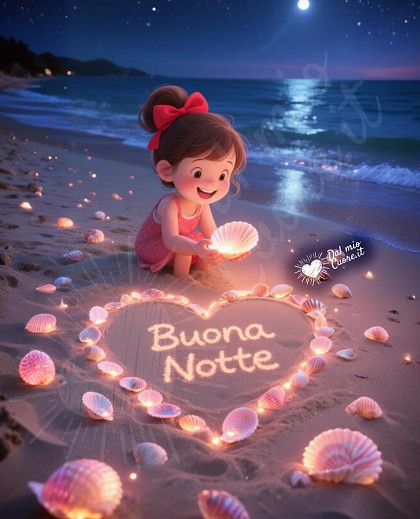 Buonanotte con un cuore sulla sabbia